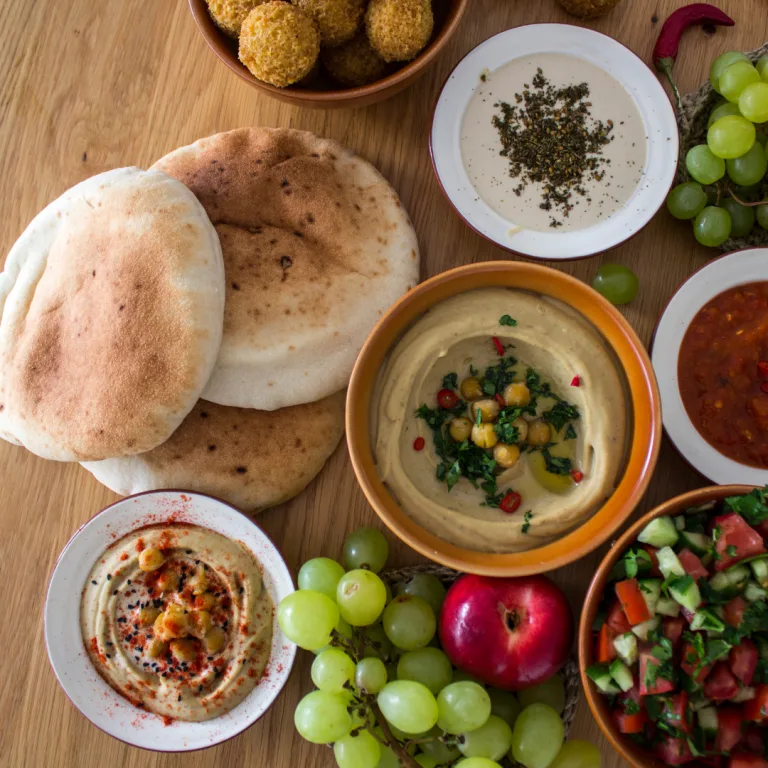 שולחן אוכל ישראלי עם חומוס, סלטים ופיתות